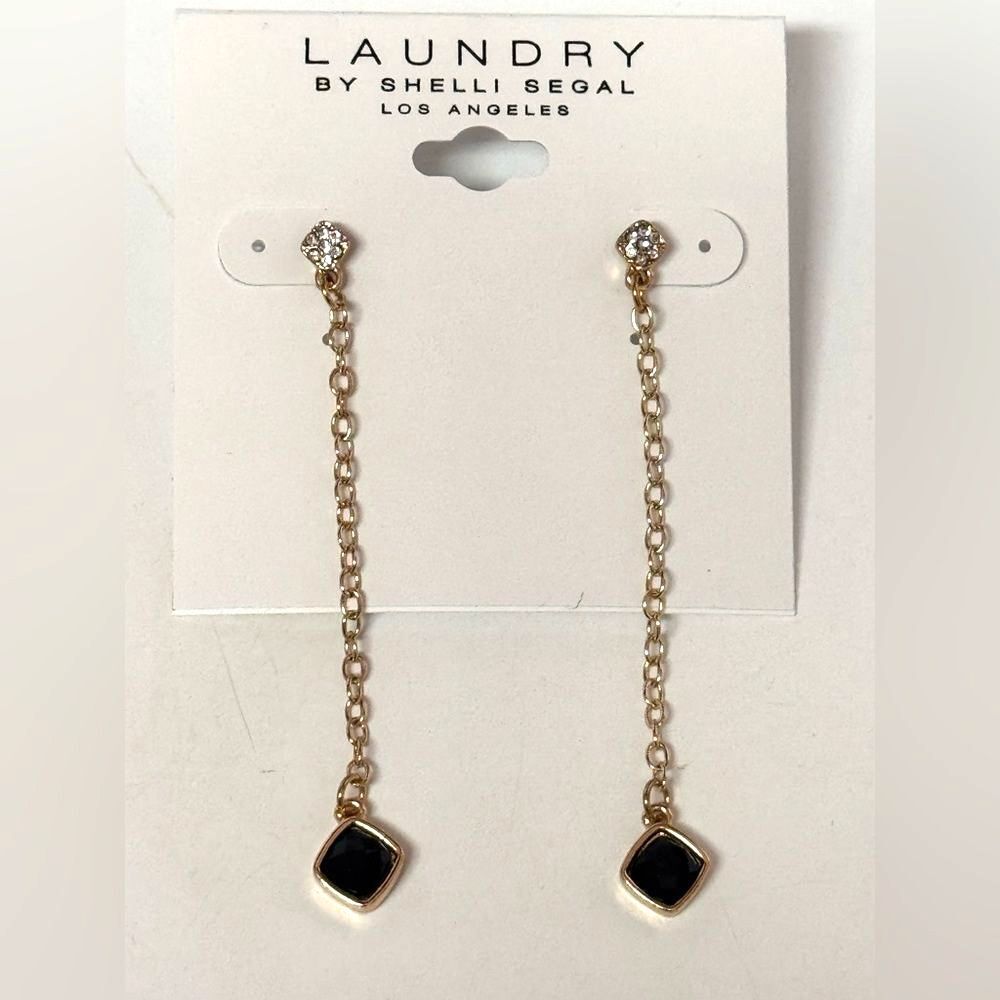 Laundry By Shelli Segal Gold Black Square Chain Drop Earrings NWT 1.75 In